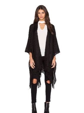 Revolve Black Fringe Open-Knit Cape Poncho